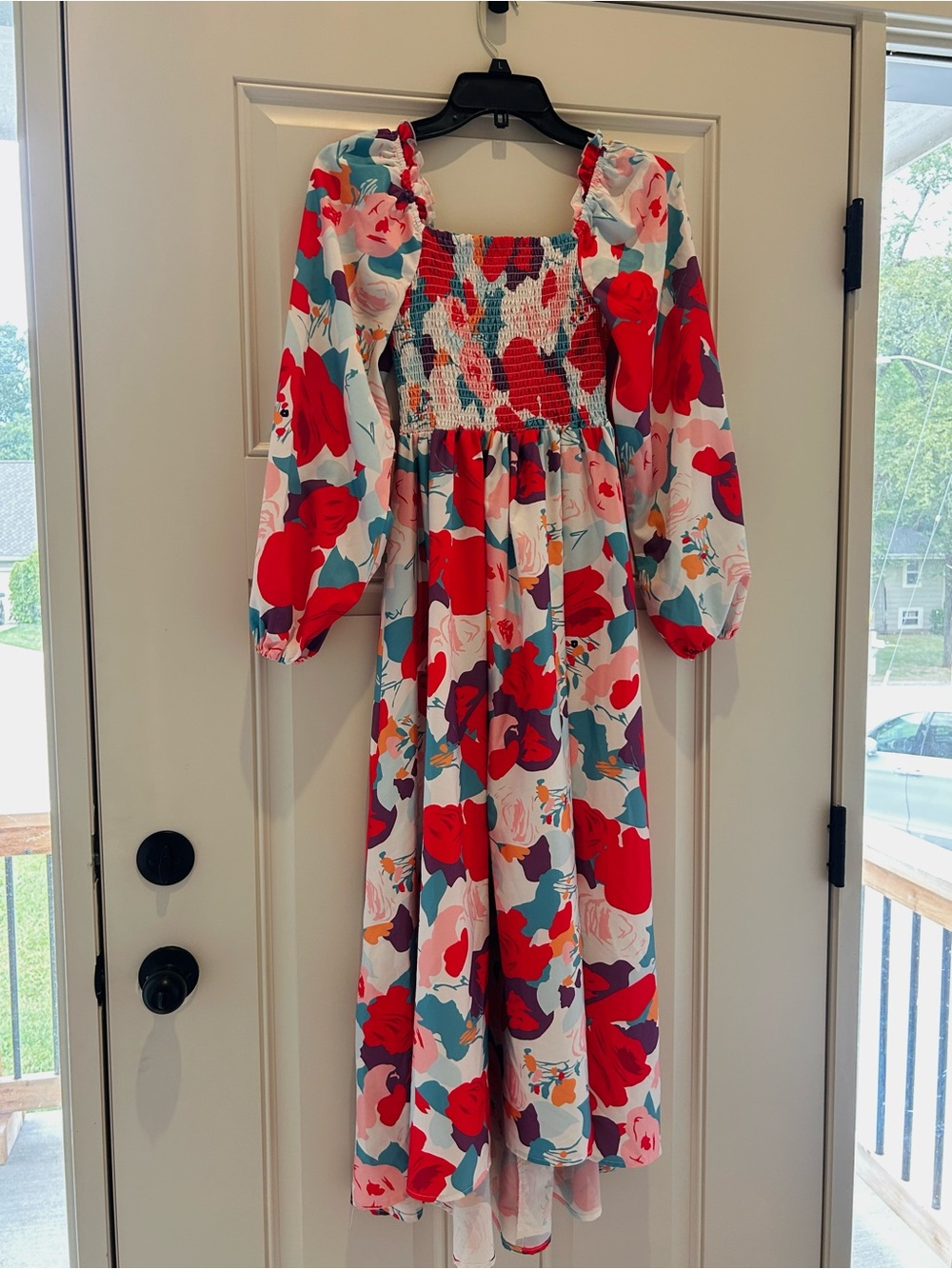 Floral Smocked Midi Dress in Red & Pink